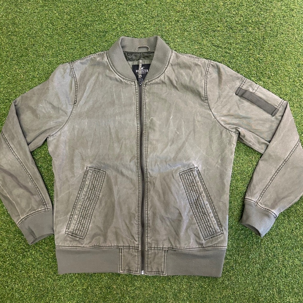 Hollister Mens Bomber Jacket Olive Green Full Zip Utility Flight Jacket Large